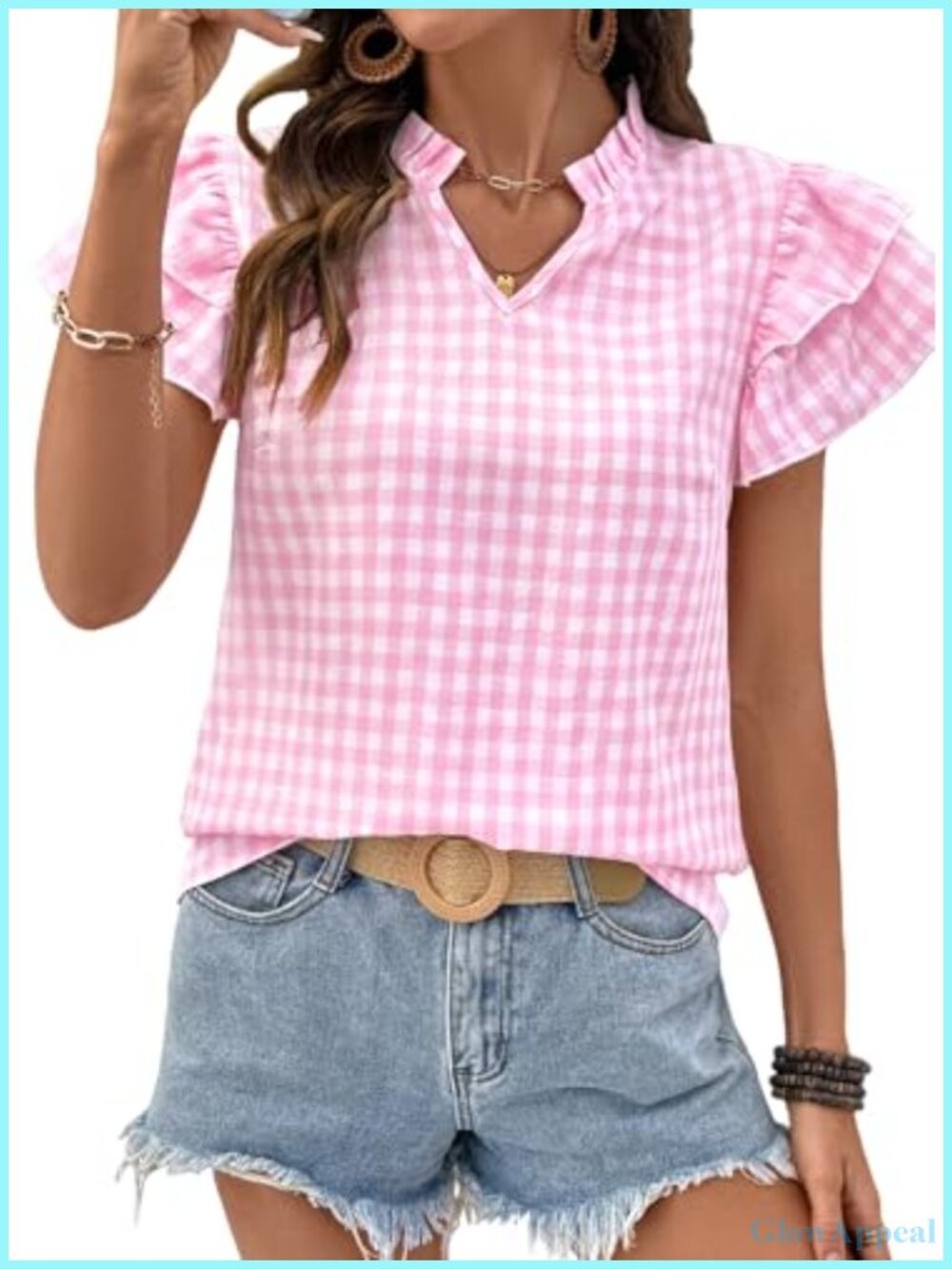 Womens V Neck Ruffle Sleeve Peplum Blouse Gingham Print Cute Summer Top
